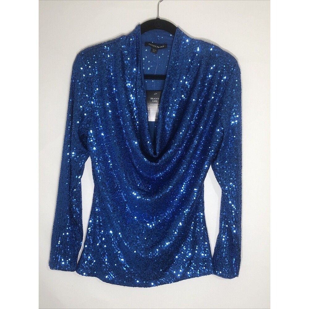 Boston Proper Classic  Blue Sequin Cowl Neck Knit Top Long Sleeve Size M Elegant